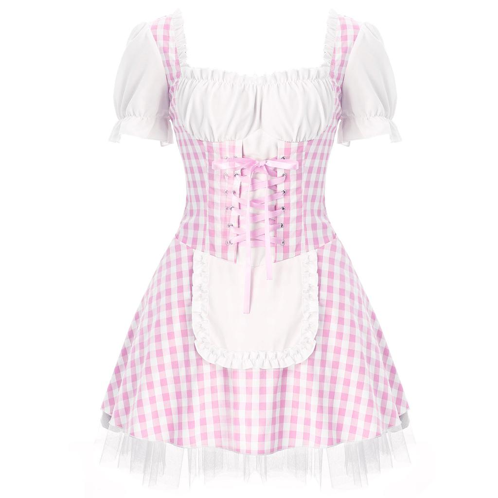 Women's French Maid Apron Cosplay Costume Lace Ruffle Tulle Plaid Fancy Dress