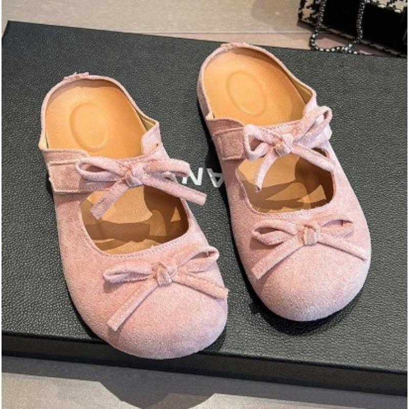 College style one pedal double bow half slippers new round head single shoes student suede flat slippers women