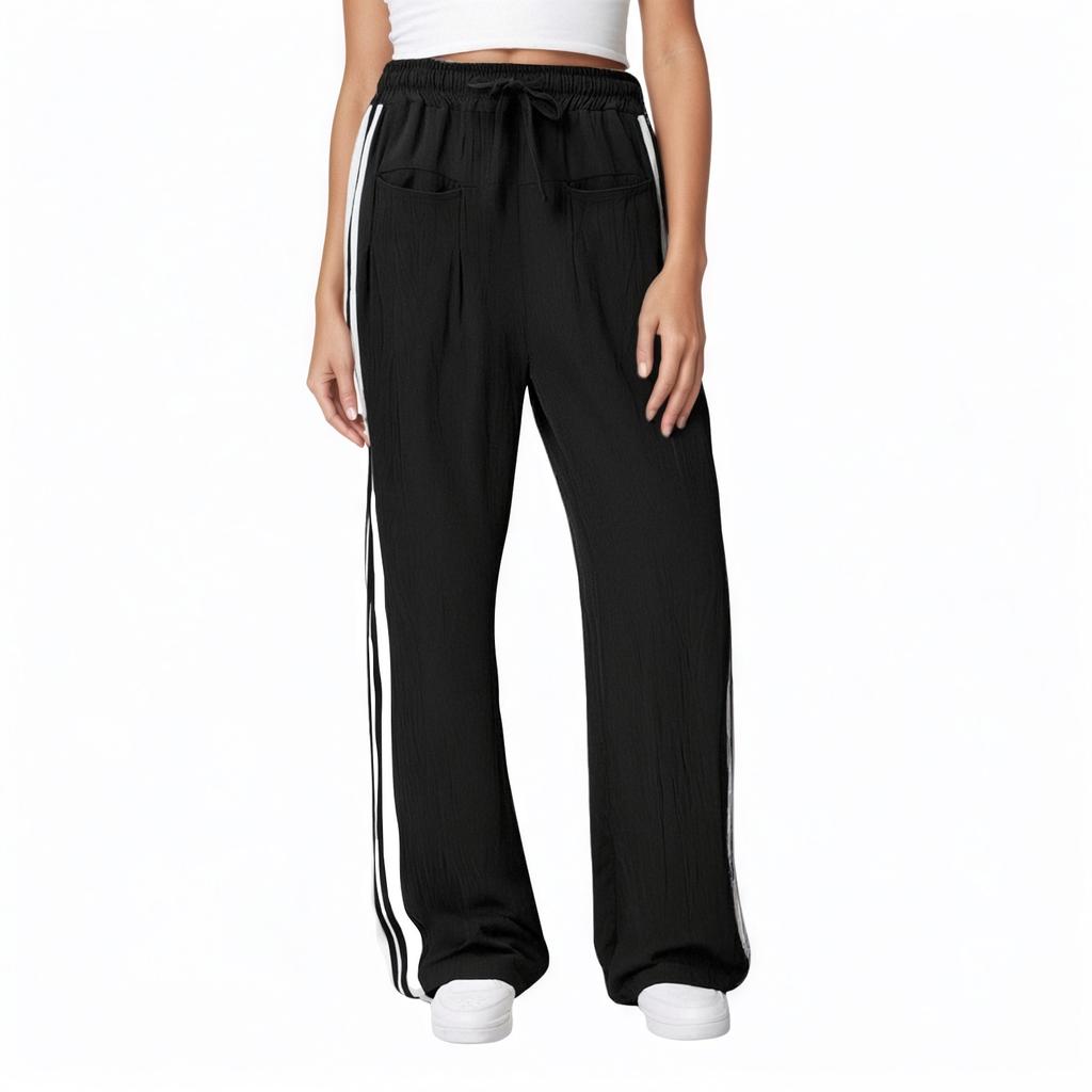Women's Striped Side Loose Pants, Casual Waist Cinched Slanted Pocket Loose Pants