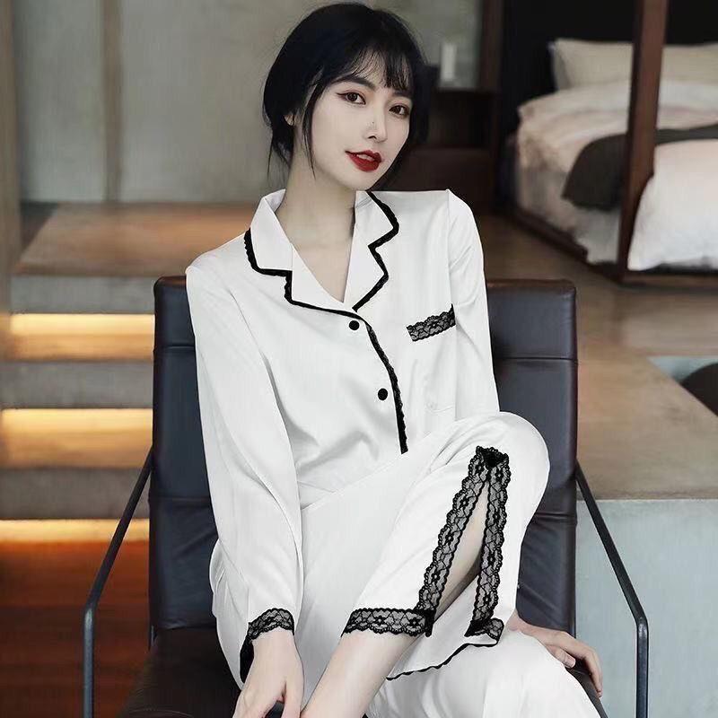 

Кардиган на пуговицах с контрастными лацканами, с длинными рукавами, сексуальный, с шелковой кружевной отделкой, простой домашний комплект 2XL белый