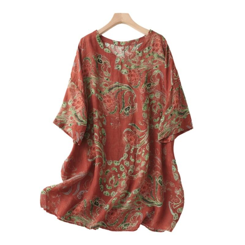 

Womens Floral Print Loose Fit Short Sleeve Blouse M красный