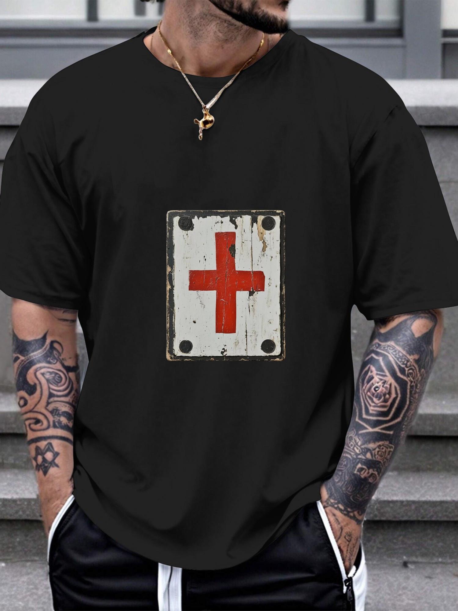 1pc distressed graphic bold white red cross streetwear T-shirt S