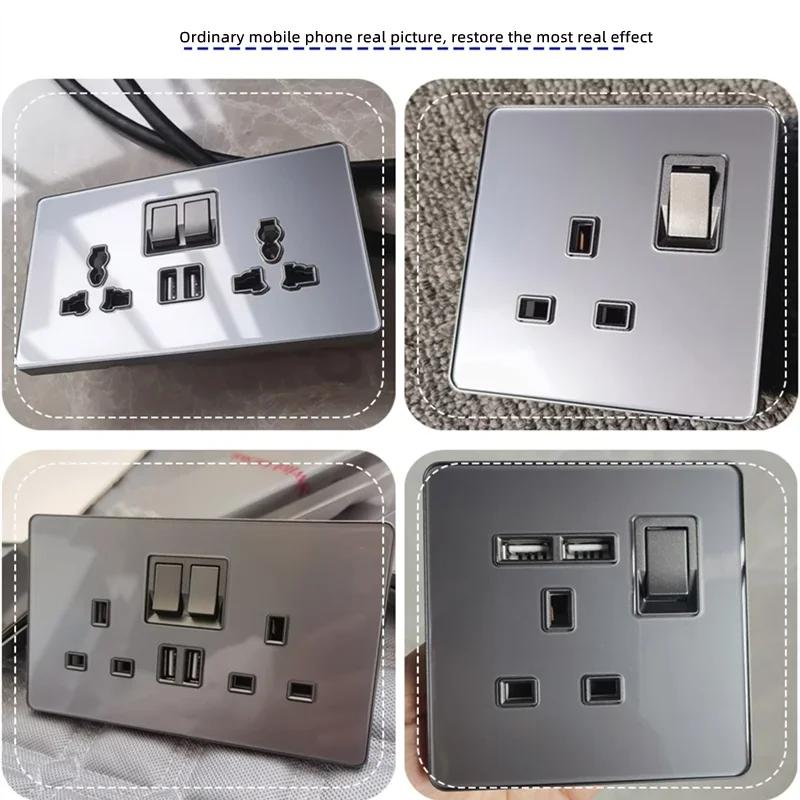 Deluxe Grey Tempered Glass Panel UK 13A Plug Electrical Socket, Double 5 Pin Socket and Switch, EU Universal USB C Wall Socket