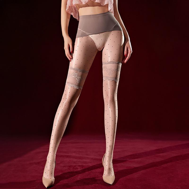 Stocking For Women Polka Dot Printed Splicing Aurora Oil Shiny Glossy Pantyhose High Elastic Transparent Open Crotch Pantyhoses