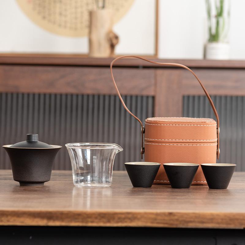 Light Luxury Travel Tea Set Cover Bowl Kuaike Three Cups Outdoor Portable Handbag High-end Ceramic Glass Tea Maker Gift