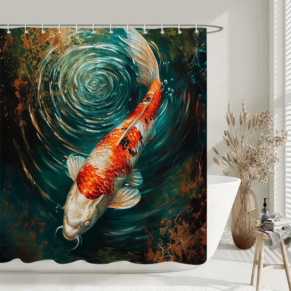 Chinese style Shower Curtain Koi Fish Cherry Blossom Sun Sea Wave Octopus Landscape Polyester Fabric Curtains Bathroom Decor