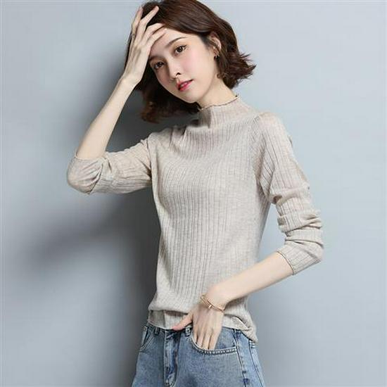 Damski cienki wełniany sweter - Wiosna/Jesień 2022, dzianinowy top z długim rękawem i półwysokim kołnierzem