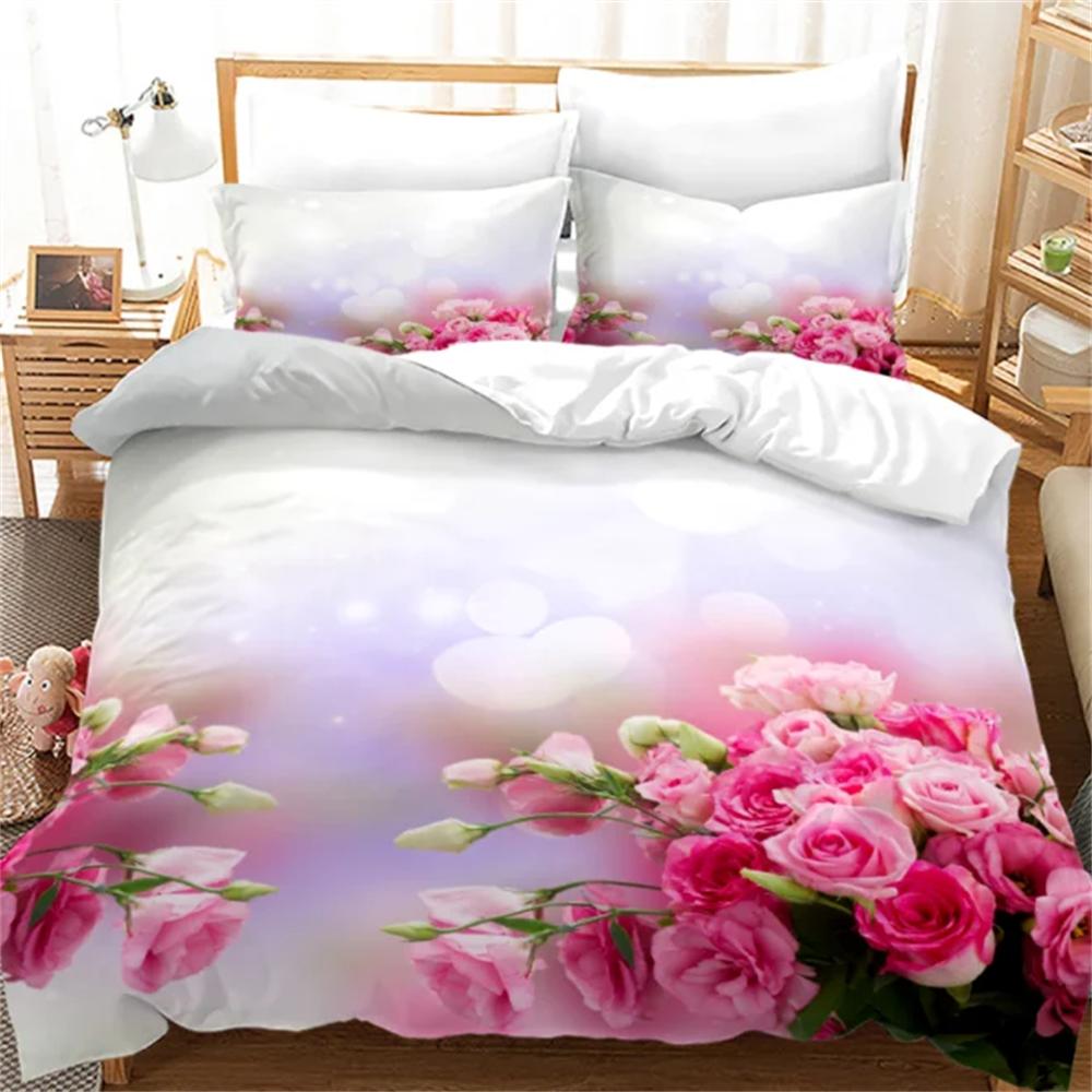 Flowers Queen Bedding Set 3D Print Singlesided Printed Comforter Plant Leaves Romantic and Warm Duvet Bedding Cover For Girls
