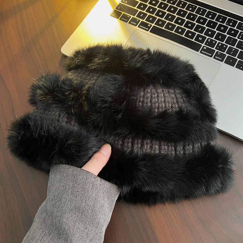 Rabbit hair knitted hat children's autumn and winter new big head circumference ear protector wool hat loose thickened warm fisherman basin hat tide