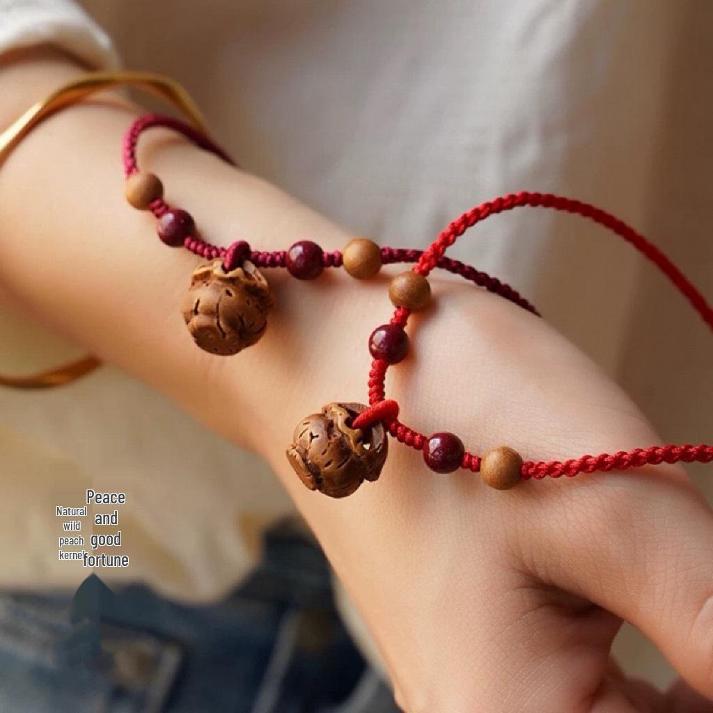 Peach Wood & Red String Necklace with Peach Pit Pendant - Suitable for Infants, Adults, and Ben Ming Year.