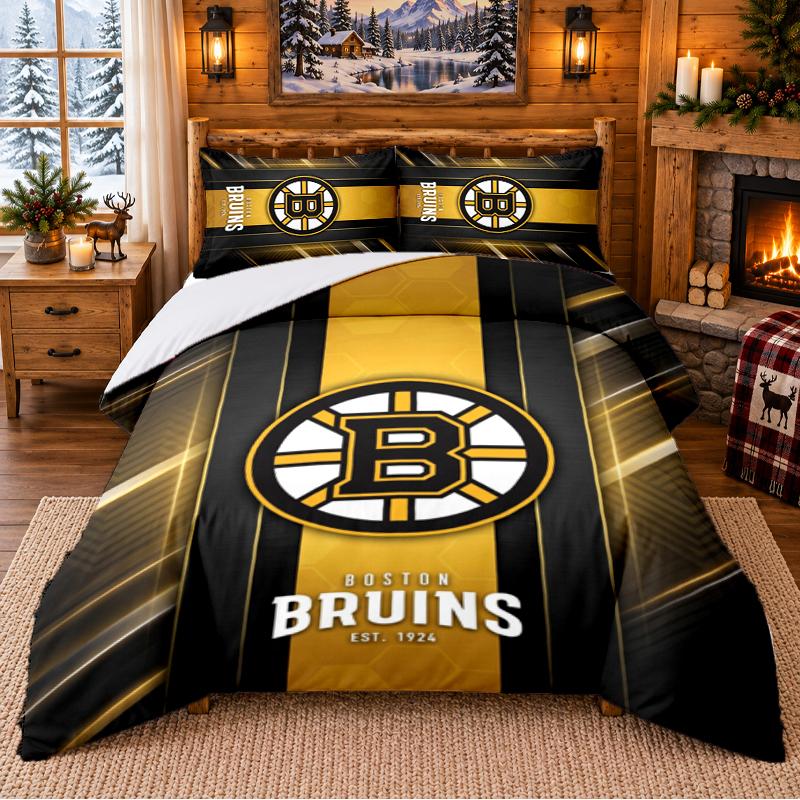 Printed 3Pcs Bedding Set Boston Bruins Pattern Bed Sheet Pillowcase For Bedroom Decor