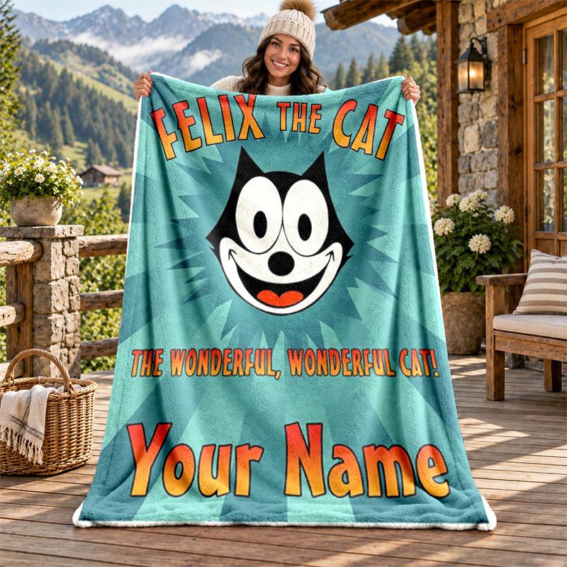 Felix the Cat Custom Name Flannel Blanket Personalized Soft Warm Plush Throw Blanket Customized Gift for Family Friends