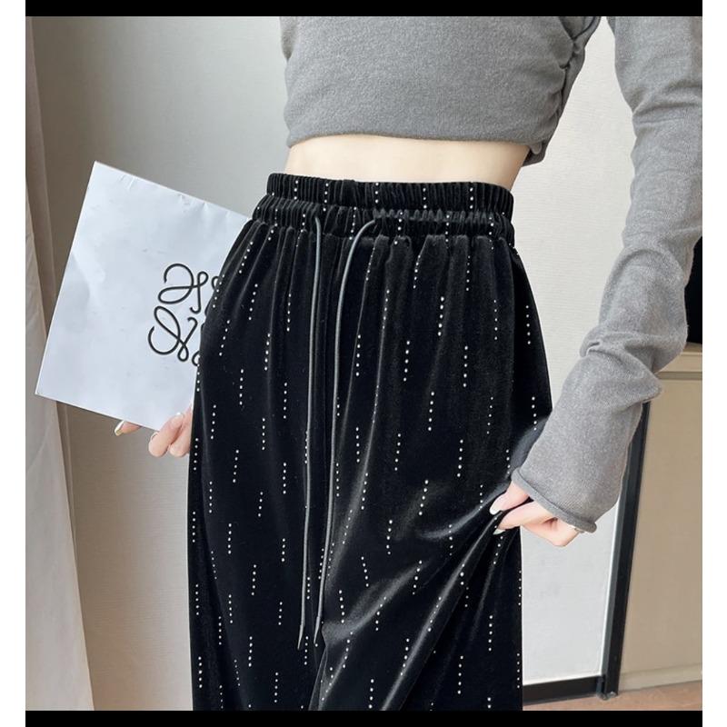 Spring and Autumn Hot Diamond Velvet Casual Pants Black High Waist Drawstring Loose Straight Pants Meteor Shower Diamond Lazy Mopping Pants