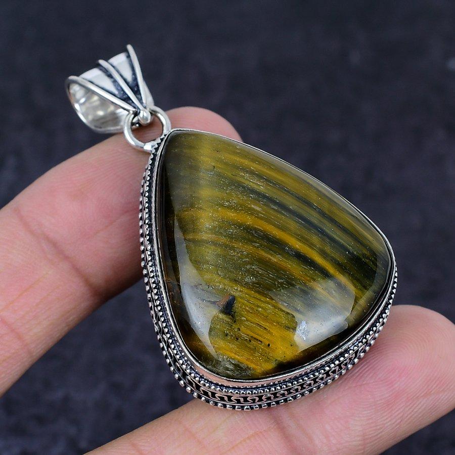 Natural Tiger Eye Gemstone 925 Sterling Silver Jewelry Pendant 2.17" K5R14