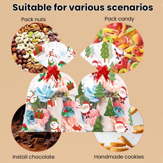 Christmas Treat Bags Plastic Clear Xmas Candy Bags with Pull Bow Set for Baby Shower Bridal Shower Raffle Easter Christmas Party Supplies