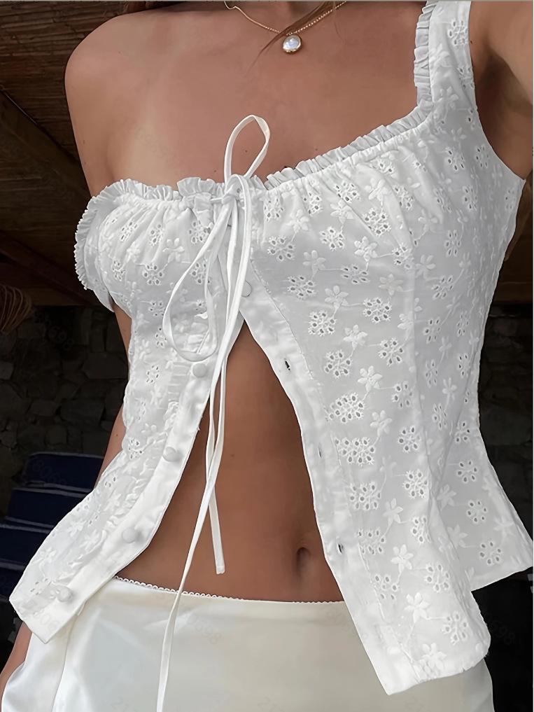 2025 European & American Women's Fashion Square Neck Embroidered Ruffle Sleeveless Top