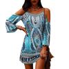 Women's Printed Round-neck Hollow-out Short-sleeved Off-the-shoulder Sexy Halter Dress