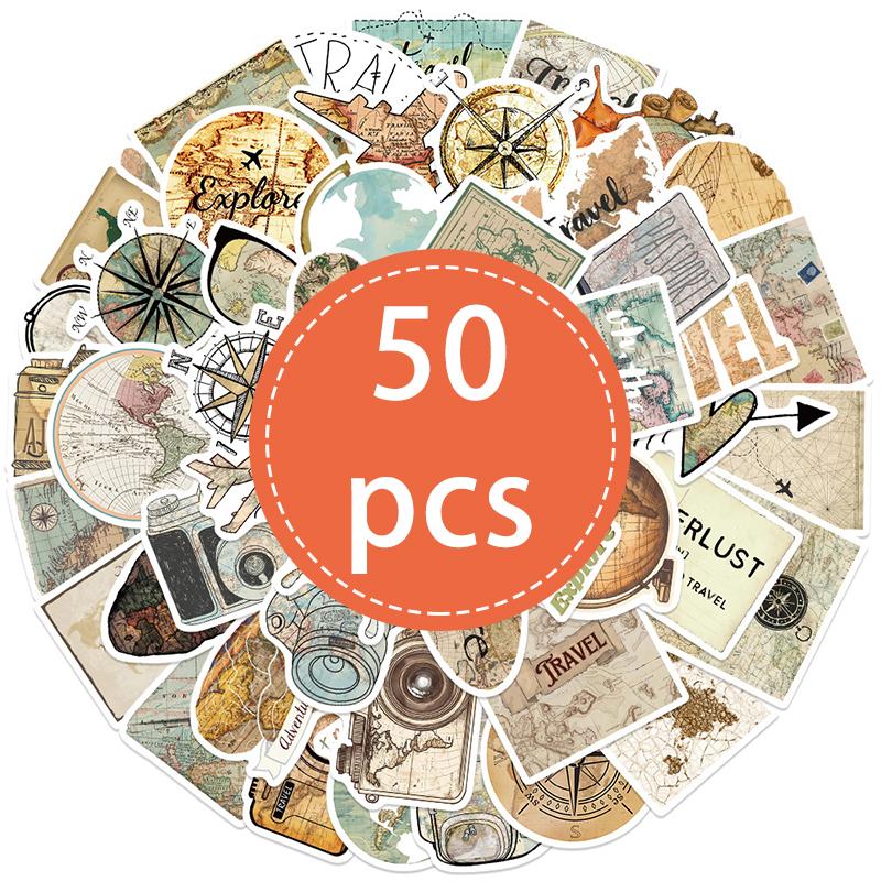 High-Standard 50Pcs Premium-Quality Vintage Premium-Quality Travel Top-Grade Stickers Top-Grade Aesthetic First-Class Clock Premium-Quality Maps