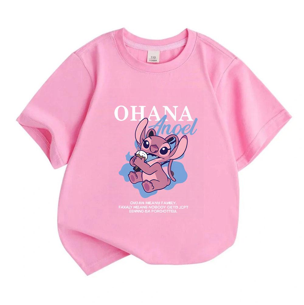 Kids Boys Girls 100% Cotton O-neck Short Sleeve T-shirt, Cute Pink Alien Character Ohana Print Casual Soft Tee for Daily Wear Summer Comfortable Tops