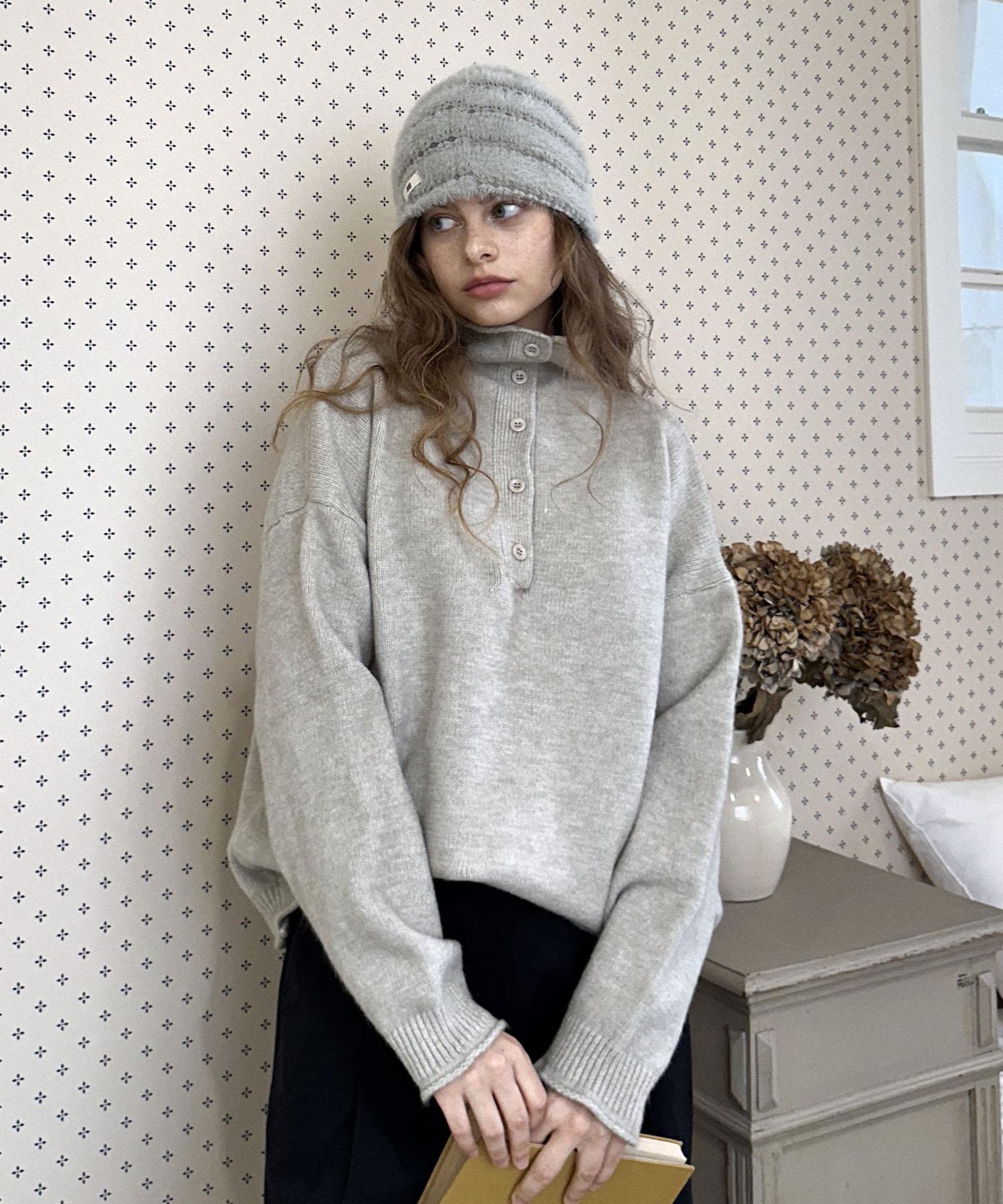 Delaidy Haze High Neck Button Knit (Light Gray)