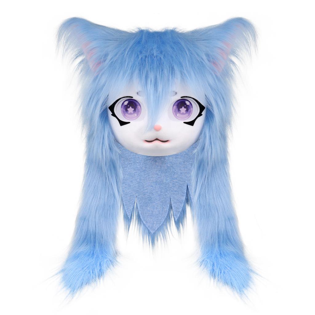Cute Plush Furry Full Head Cat Mask Long Fur Big Heart Shaped Eyes Cosplay Costume Prop For Carnival Party Anime Role Play Coser