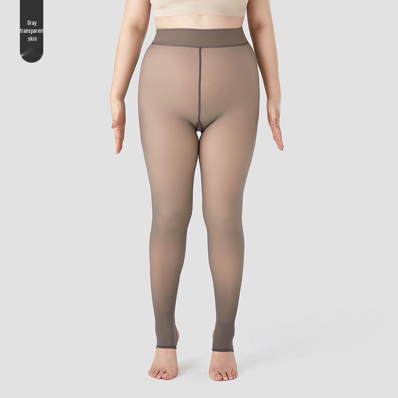 Plus Size Grey Sheer Seamless Leggings: Nude-Look Flight Attendant Style Stockings for Women, Spring & Autumn.
