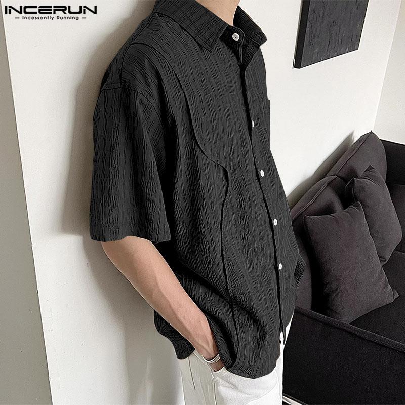 INCERUN Men Turn Down Collar Texture Shirts Plus Size Loose Tops