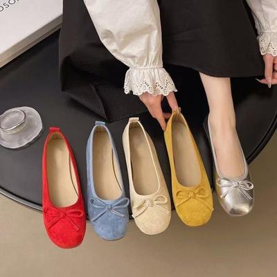 Macaron Gentle Fairy Soft Sole Ballet Shoes Light Mouth Flat Bottom Bow Frosted Velvet Round Head Single Shoes Paddle Shoes