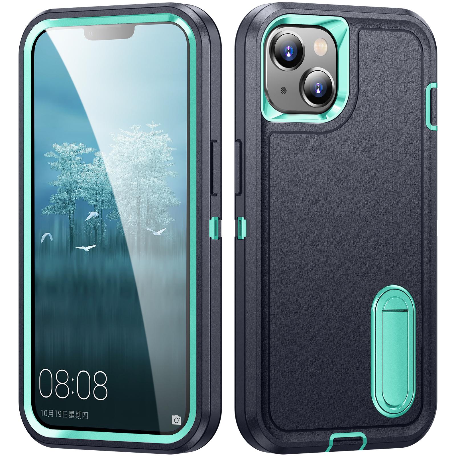 

Hard PC+Soft TPU Phone Case for iPhone 15 Shockproof Case Anti-Drop Cell Phone Kickstand Cover Black/Cyan