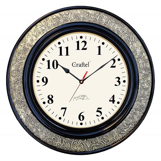 Brass Embossed Analog Wall Clock Round Vintage Clock For Bedroom Living Room Home And Office (Brown) - 45.7 Cm