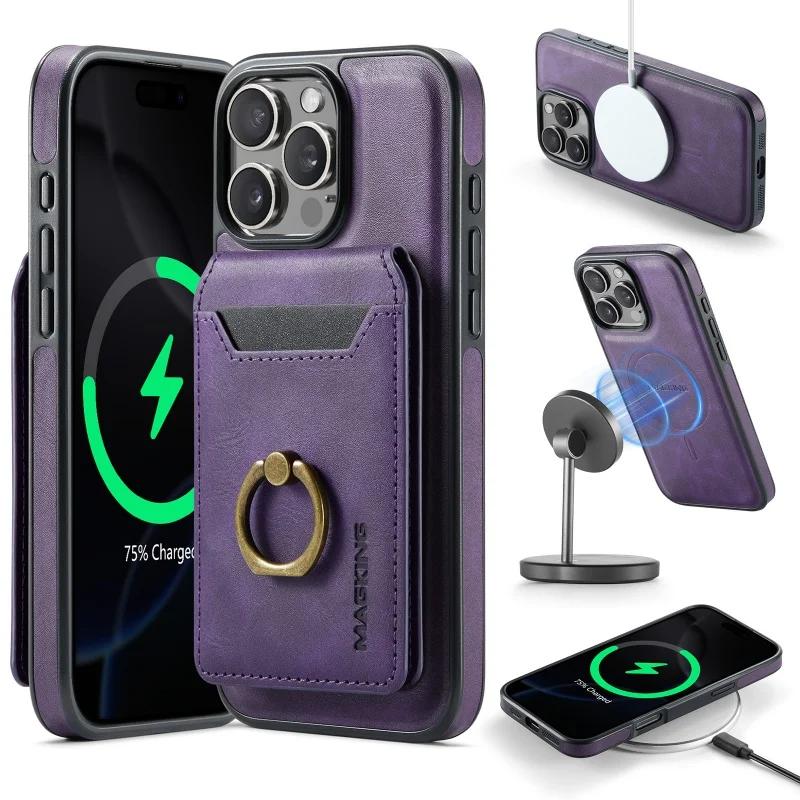 Magnetic Wireless Charging Flip Leather Phone Case For iPhone 17 Pro Max 16E 16 Plus 15 14 13 12 MagSafe Wallet Card Cover Coque