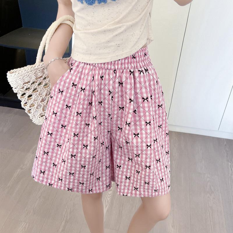 

Retro Checkered High Waist Wide Leg Shorts With Bow Print For Women Summer S рожевий