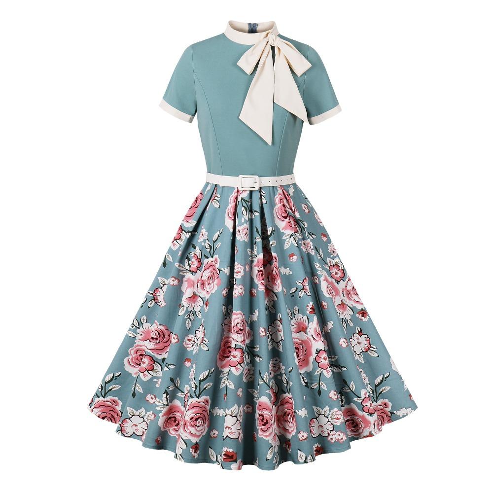 Women's Bow Tie Collar Short Sleeve Midi Dress A Line Mid Waist Floral Print Swing Dress Vintage Hepburn Party Dress With Belt