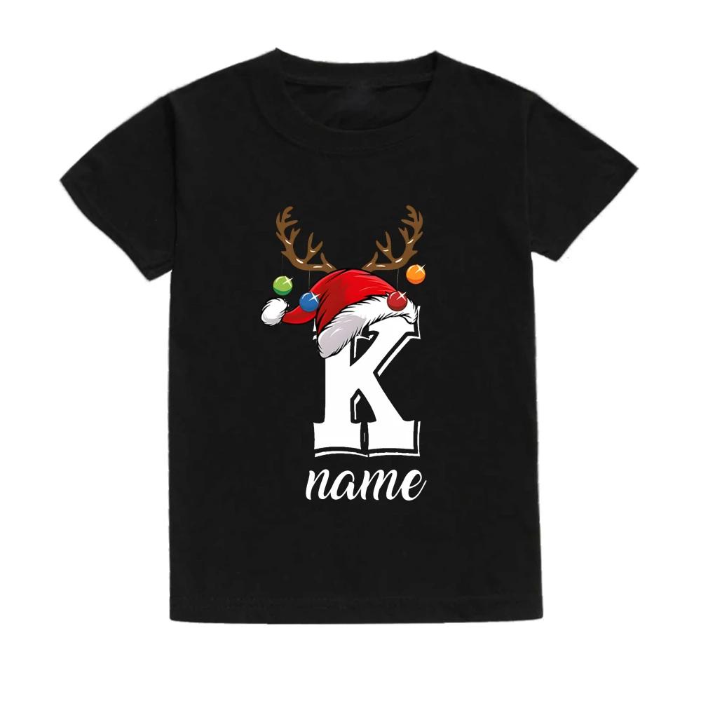 Christmas Kids T Shirt Initial with Name Child Clothes Tops Boy Girl Xmas Party Outfits Children Holiday T-shirt