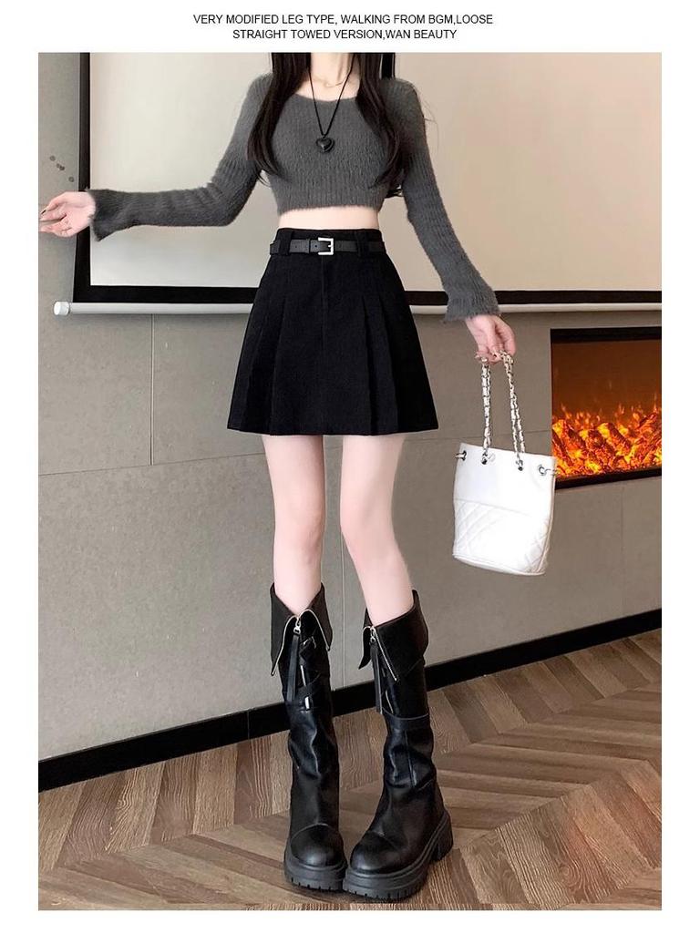 Women's Khaki Corduroy Pleated Midi Skirt: High Waist Petite A-Line, Autumn Winter 2025 Collection