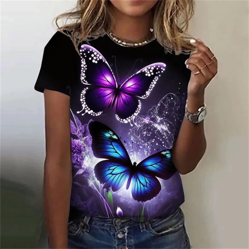 Summer Round Neck Butterfly Pattern 3D Print Top Fashionable Casual Short Sleeved Women's T-shirts