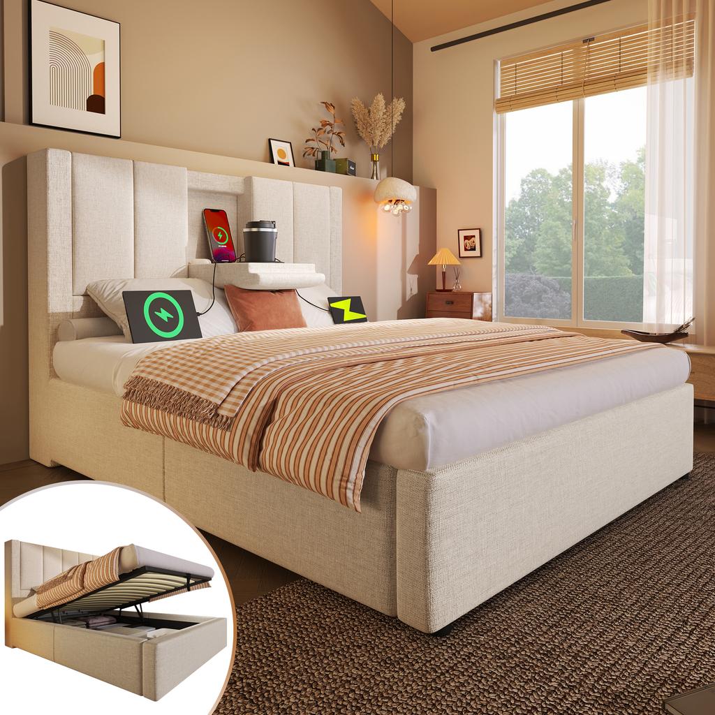 Upholstered Bed 90x200 cm Single with Hidden Cup Holder & Charging Station, Hydraulic with Storage Under the Bed, Linen Beige (Without Mattress)