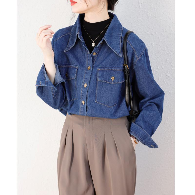 Dam Höst 2025 Retro Tvättad Denimjacka: Koreanskt inspirerad lös långärmad skjorta i Hongkongstil