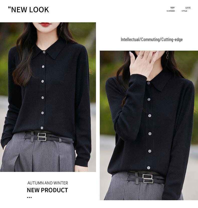 Women's Spring 2025 Lapel Cardigan Sweater - Knitwear Shirt Collar Base Layer or Outerwear Top