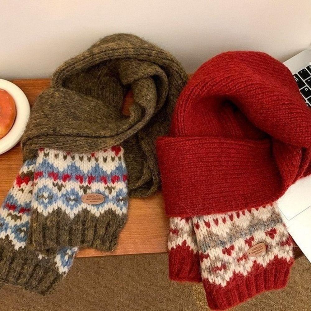 Plush Jacquard Knitted Scarf Thicken Fair Isle Style Shawl Retro Winter Cashmere Scarves Women/Men