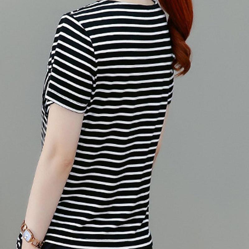 Fashion Casual Women Short Sleeve Irregular Shirt V Neck Stripe Tops Blouse