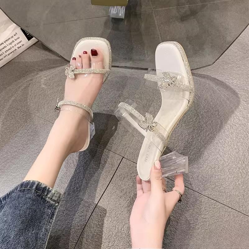 High Heels Slippers Transparent Rhinestones One-shoulder Thick-heeled Shoes Slippers
