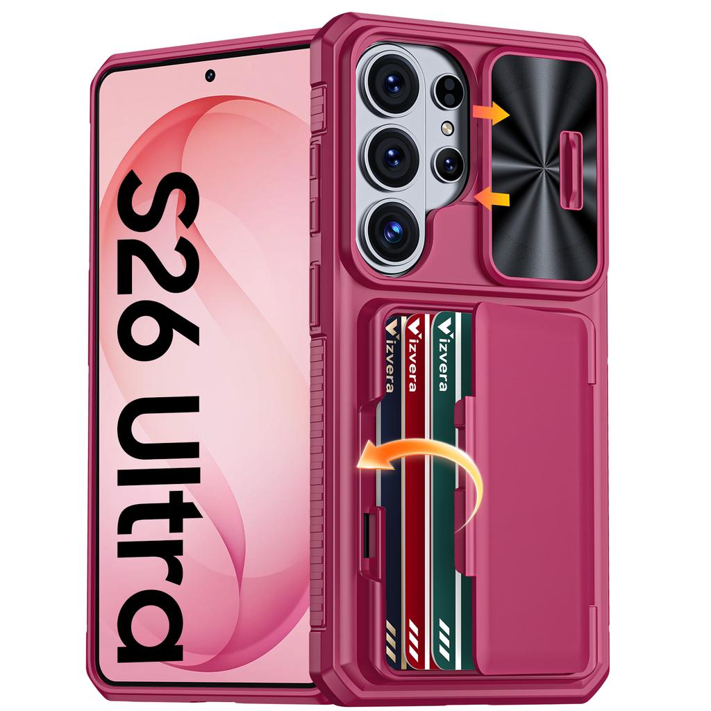 Avec Porte-Cartes, Cache-Objectif Coulissant et Support pour Étui de Téléphone Samsung Galaxy S26 Ultra, Étui Portefeuille Anti-Chute en PC+TPU - Rose Clair