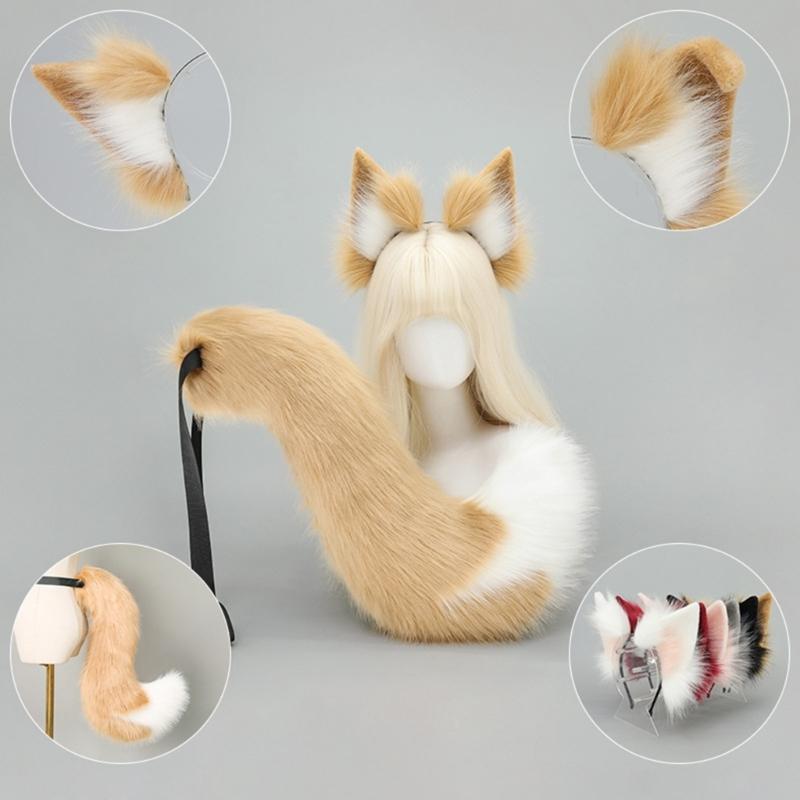 Wolf Foxes Tail Foxes Ears Headband Faux Furs Animal Tail Halloween Christmas Fancy Party Costume Gift for Women Men