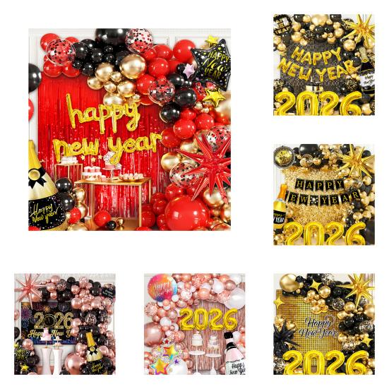 2026 New Year Decoration Black Gold Silver Latex Balloons Foil Letter Balloon Banner Set for New Years Eve Prom Party Supplies