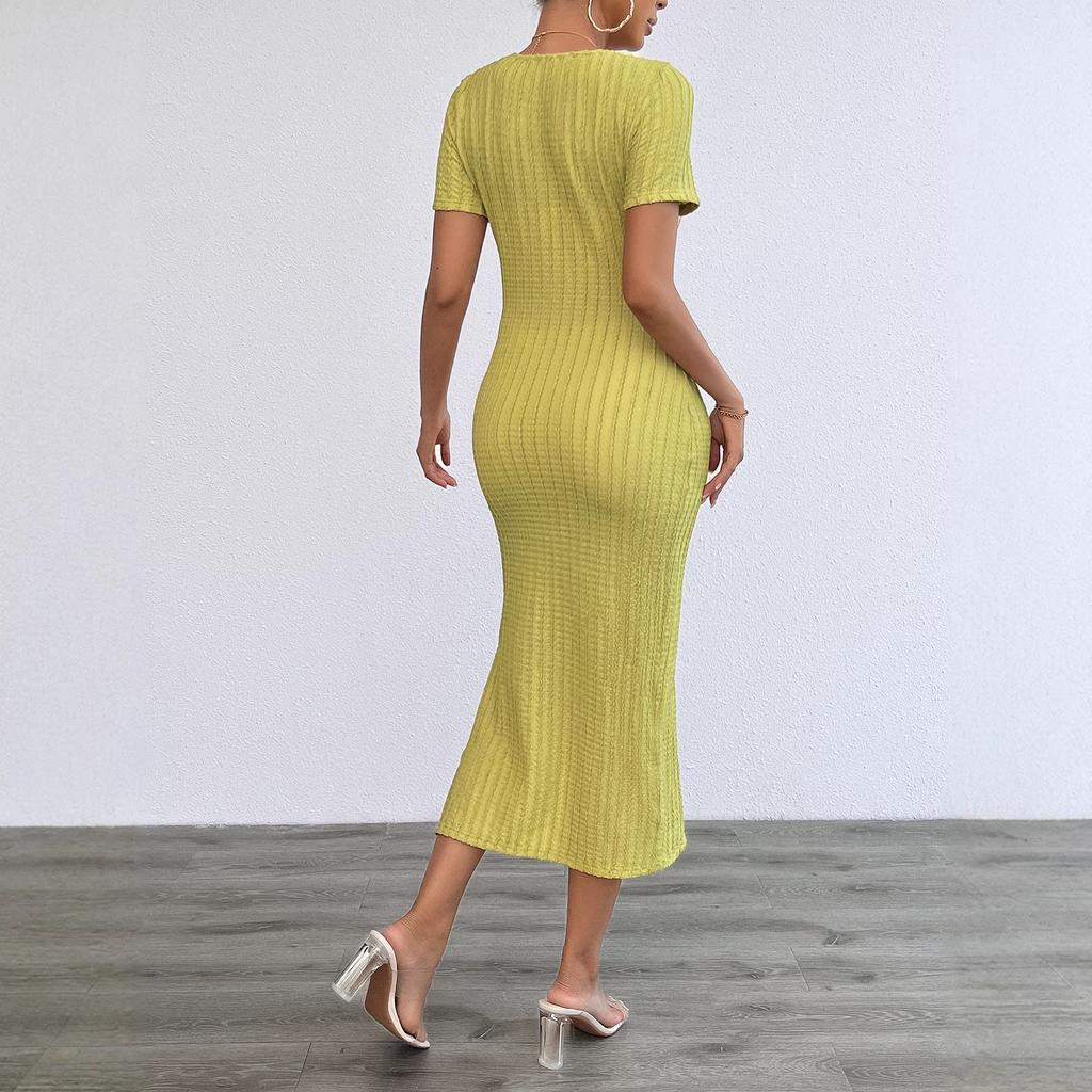 Spring and summer women's clothing new fashion casual solid color round neck slim dress women