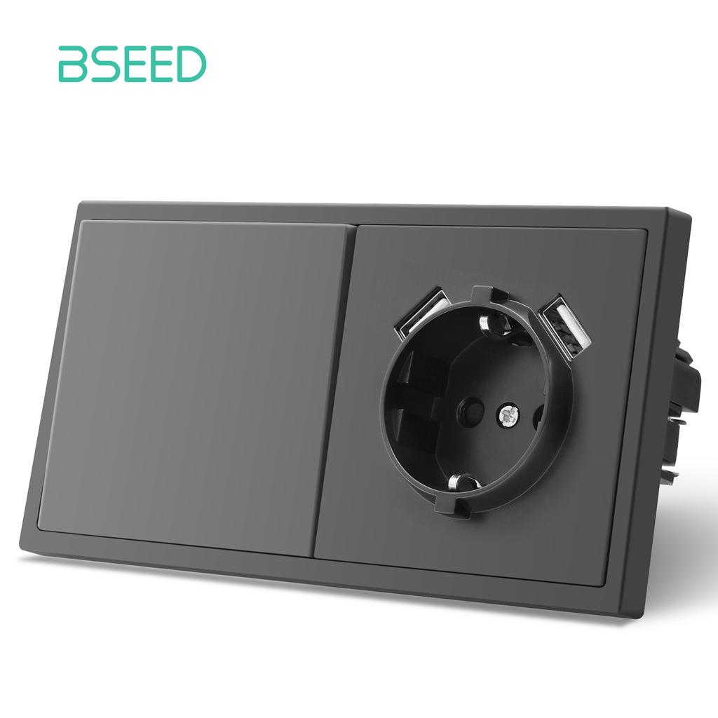 BSEED Mechanical 1/2/Gang Wall Light Switch 1Way With EU Sockets Power USB Power Outlets Plastic Panel No Led Lights Gray Series
