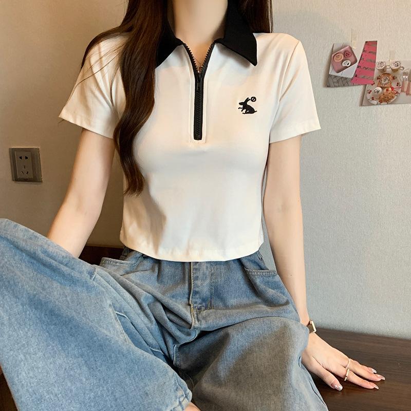 Front Shoulder POLO Neck Short Sleeve T-Shirt Women's Summer New Half Zipper Lapel High Waist Skinny Short Top