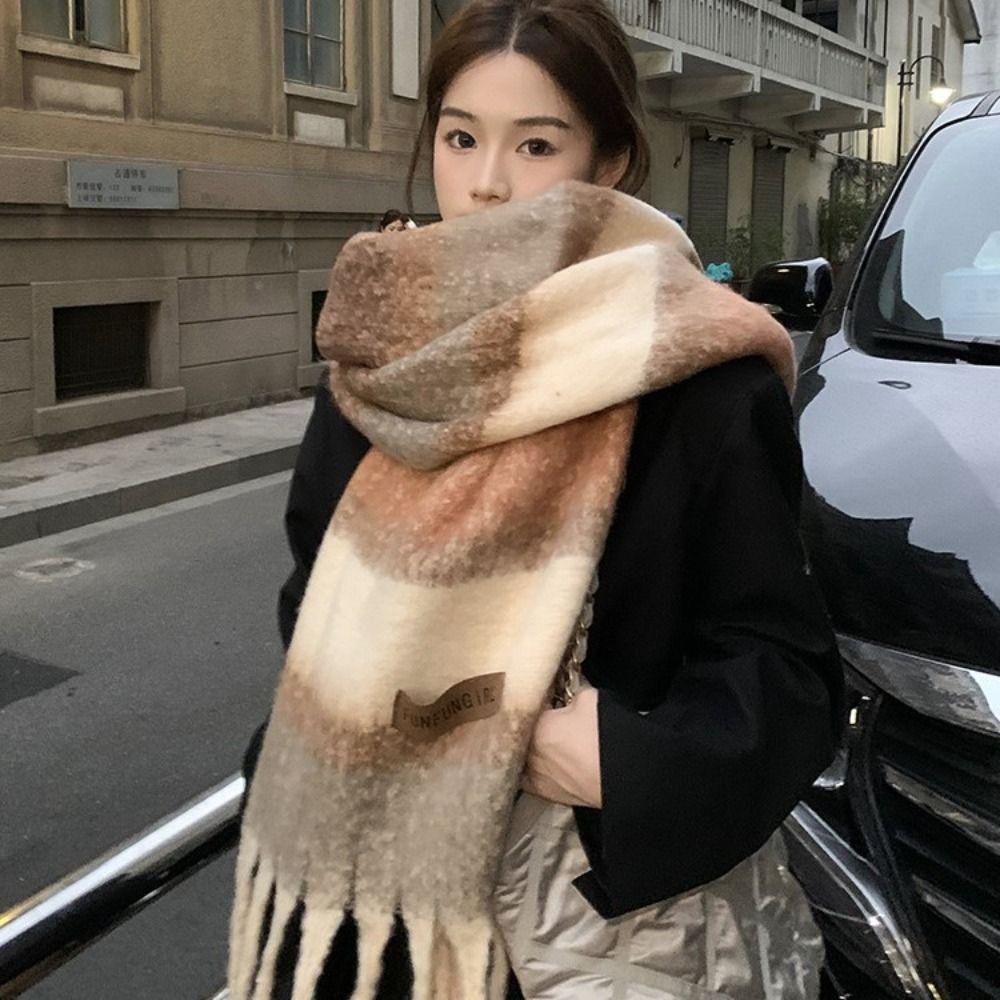 Thickened Knitted Stripe Scarf Windproof Long Wool Tassel Scarf Women's Cashmere Shawl Girls