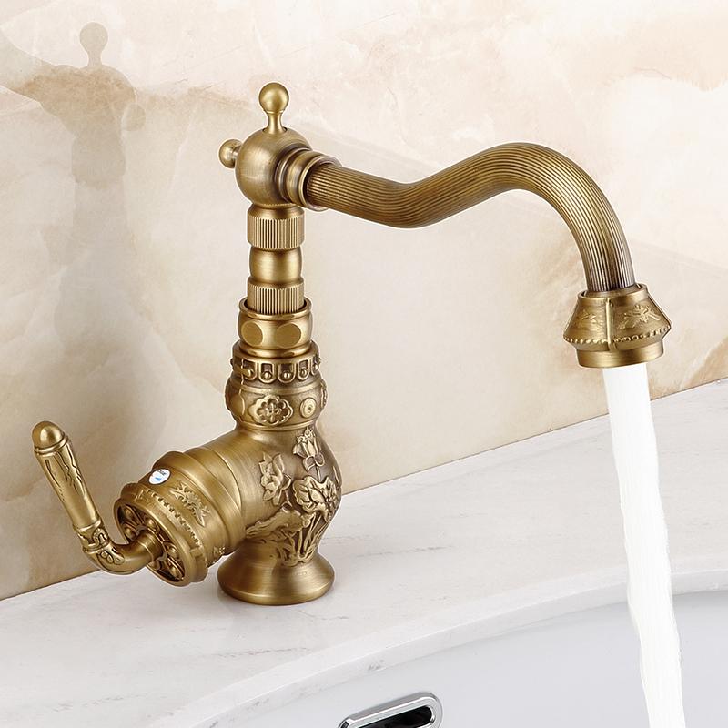 Basin Faucets Solid Brass Vintage Antique Bathroom Faucet Single Handle 360 Degree Swivel Spout Hot Cold Water Basin Mixer Tap